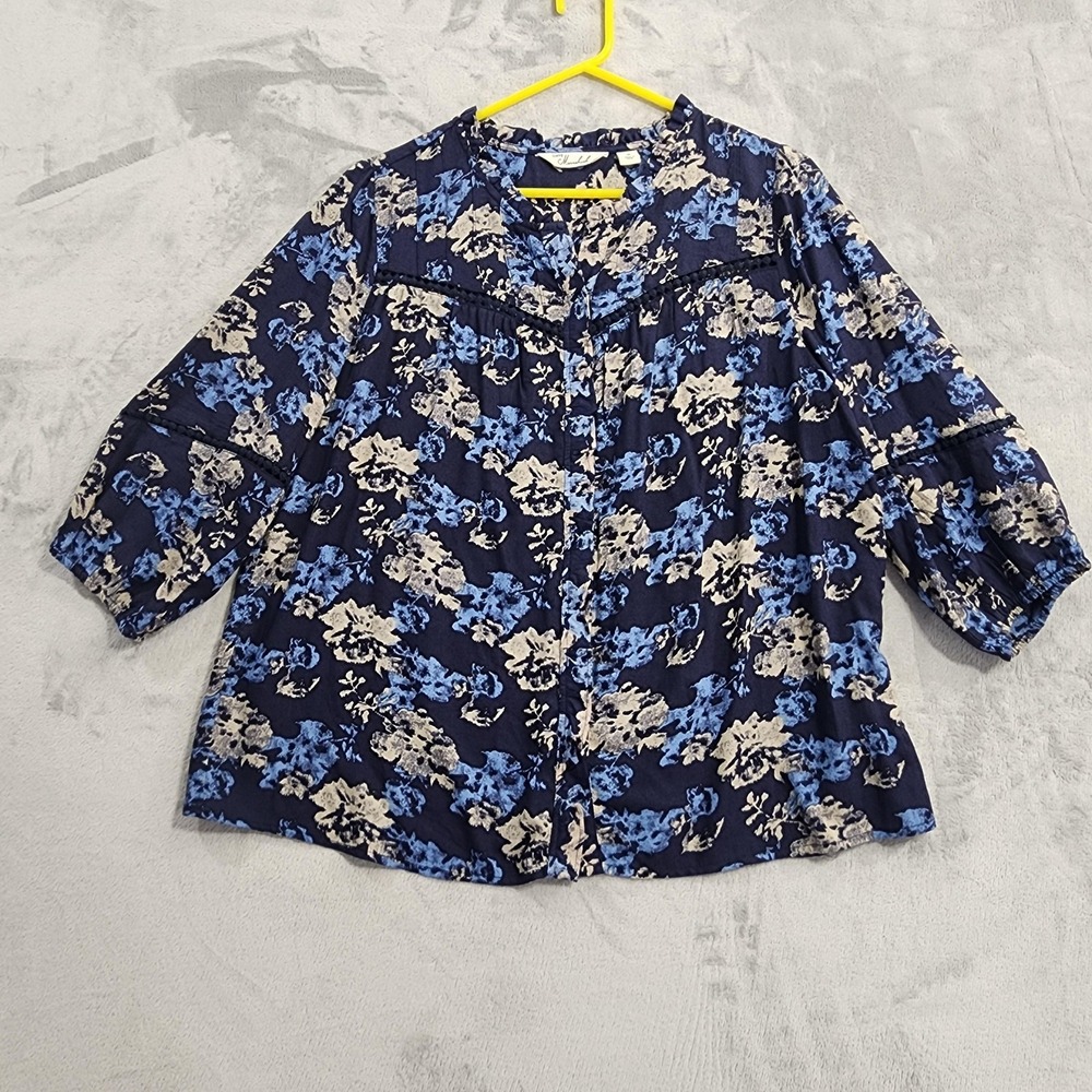 Caffe Marrakech Top Womens‎ M Blue Floral Ruffled Button Front 3/4 Sleeve Boho